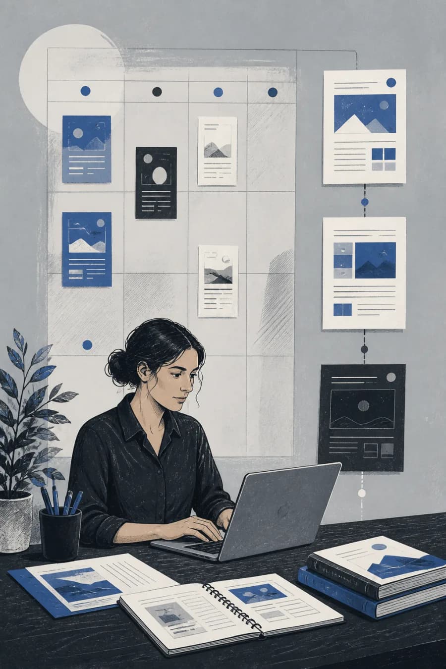 Illustration of an editor reviewing a scheduled article